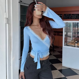 shemoda欧美风性感蕾丝花边交叉绑带收腰修身V领长袖T恤上衣女潮