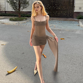 shemoda欧美ins风网纱拼接吊带连衣裙女设计感褶皱修身 包臀短裙子