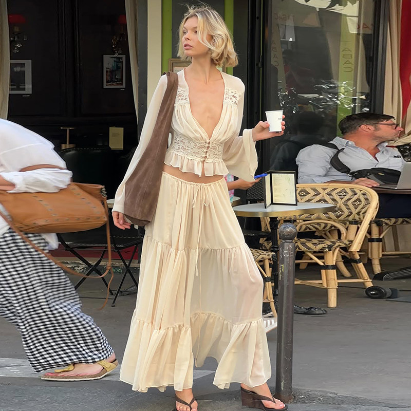 shemoda雪纺蕾丝拼接纽扣深V领长袖上衣抽绳高腰半身裙时尚套装女,女装/女士精品,时尚套装,淘宝优惠券,粉丝福利购,淘宝优惠卷