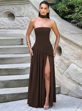 shemoda欧美风性感一字领抹胸连衣裙女 设计感拼接高开叉坠感长裙