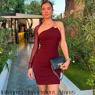 Lace Split Straps Sexy Dress纯欲辣妹子斜肩紧身金属圆环单袖修