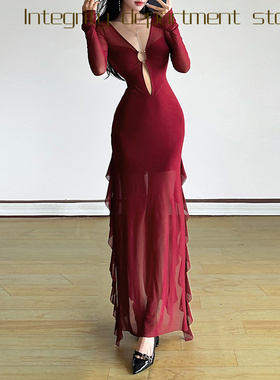 Sexy lace patchwork slim fit dress风秋季红色性感深收腰高开叉