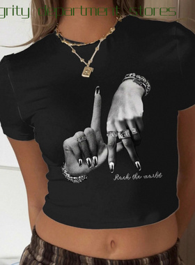 V-neck sexy lace cutout off-shoulder top修身露脐短款上衣