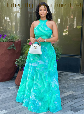 Printed sleeveless sexy suspender dress风优雅通勤印花字裙圆