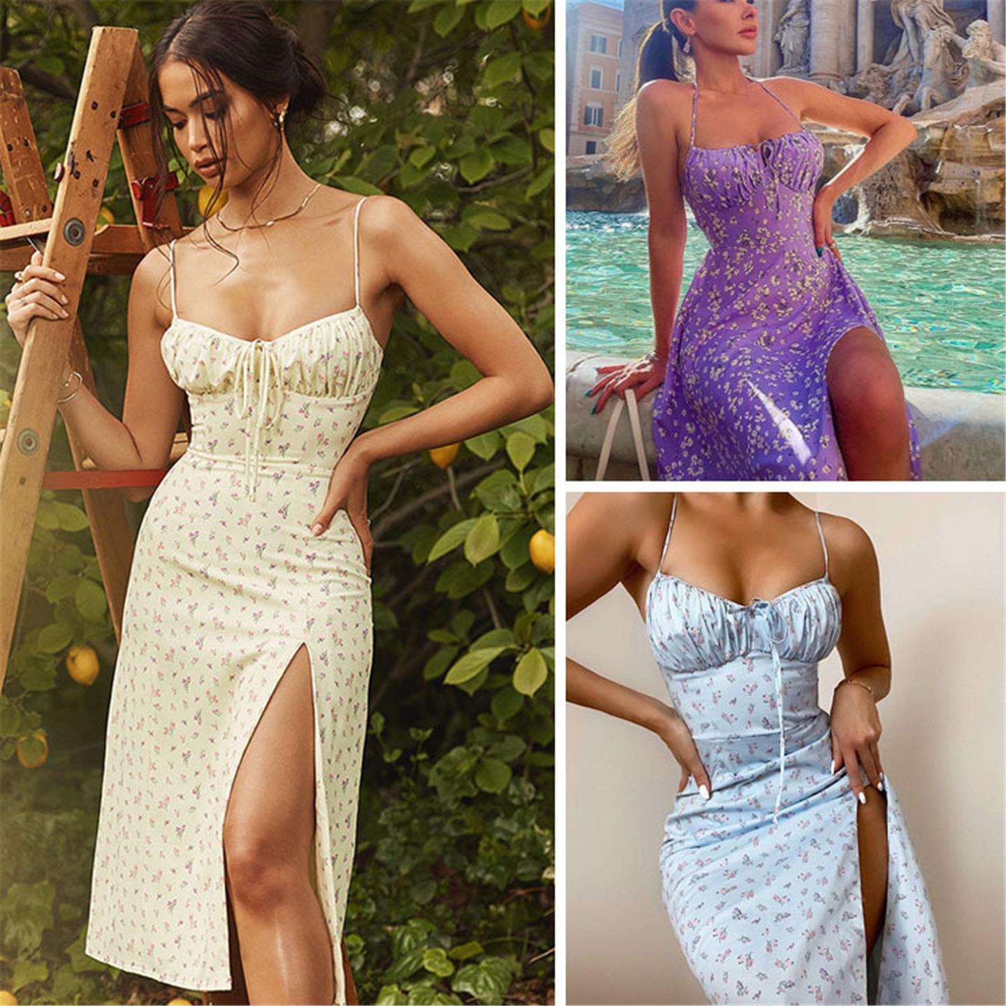 Sexy dress women's slim neck hanging strap print suit夏季碎
