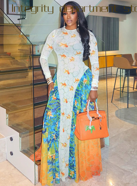 Printed sleeveless sexy suspender dress风拼接印花通勤字裙圆