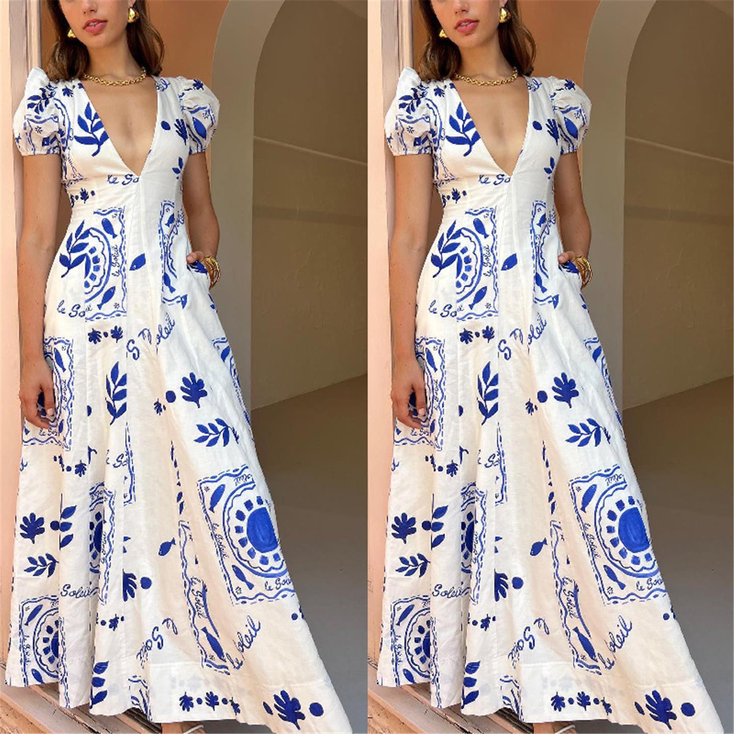 Sexy printed camisole vacation casual lace up shirt dress低