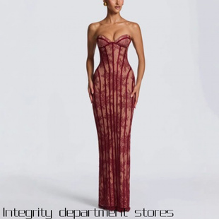 long Women dress高端性感蕾丝透视拼接抹 slit suspender mesh