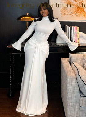 Deep V lace perspective sexy slim fit dress f秋冬纯色喇叭长