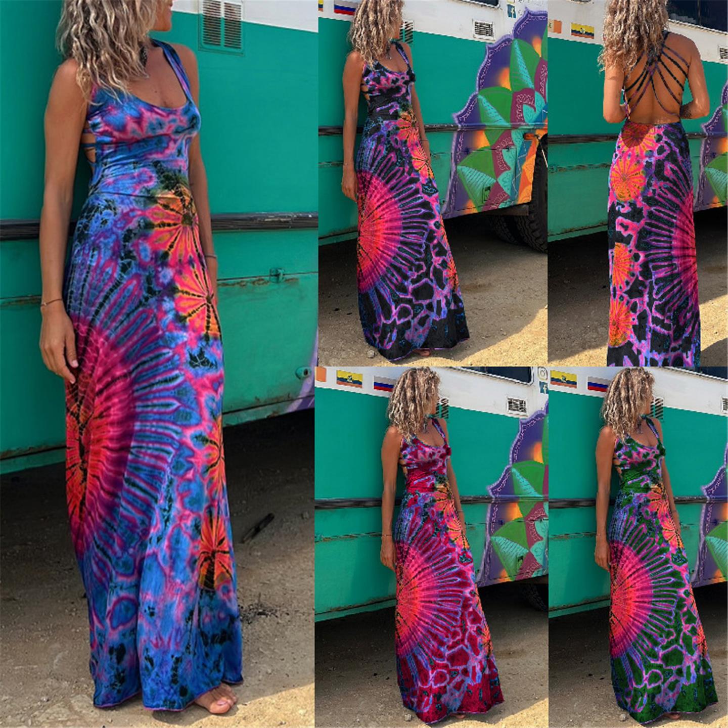 Printed strapless sleeveless slim sexy dress2023夏季性感吊带