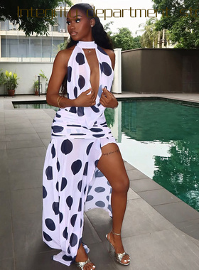 Printed sleeveless sexy suspender dress风黑白波点开叉印花不