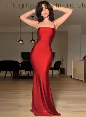 Deep V lace perspective sexy slim fit dress f春季长裙露背系