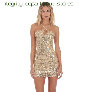sequin deep dress年系带金色亮片连衣裙 tank top floral Sexy