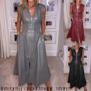 slim fit satin Long 连衣裙无袖 sexy dress独立站法式 皮 printed