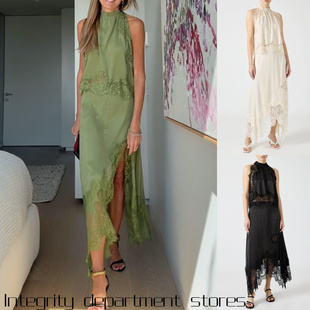 slim sexy fit satin 蕾丝开叉两件 Long dress独立站无袖 printed