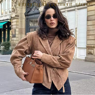 coat cotton loose collar jacket秋冬束腰垫肩鹿 stand Casual