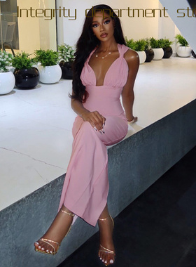 Printed sleeveless sexy suspender dress风纯色休闲褶皱裹胸包