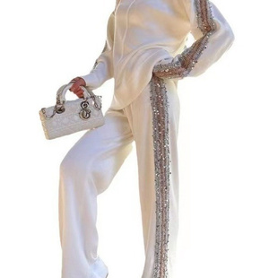 Sexy and slimming chiffon floral dress秋季风高领小众亮片镶边