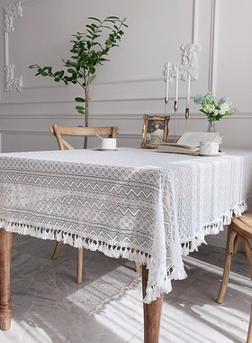 韩式蕾丝小清新ins长方形桌布白纱圆桌茶几餐桌盖布条纹书桌台布