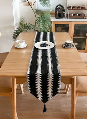 北欧复古黑白格纹棉麻桌旗餐垫派对装饰隔热盖巾餐桌垫长条布艺