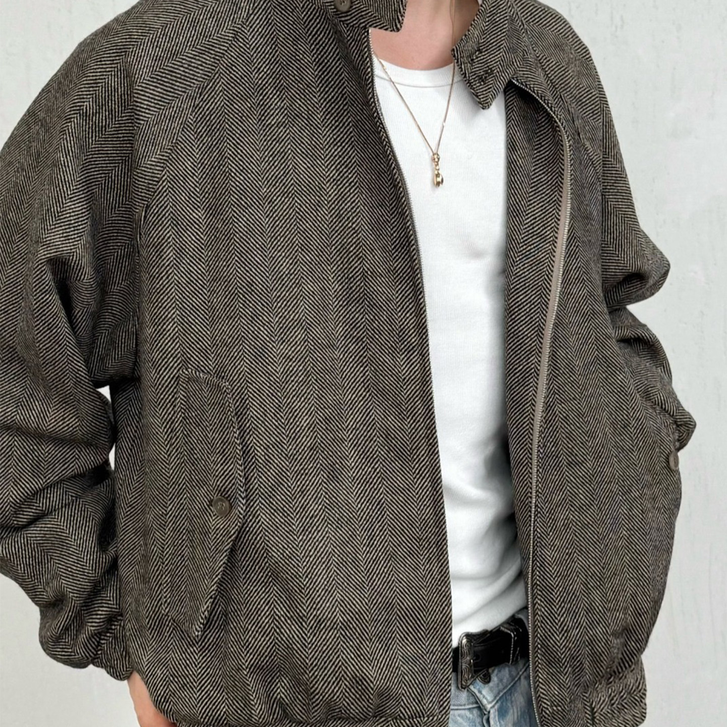 老钱新贵AURALEE风格进口羊毛人字纹宫廷彩纱混织哈灵顿夹克外套