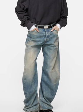 天花板AC 25水洗做旧水波纹2006M弯刀裤牛仔裤男女同款低腰长裤