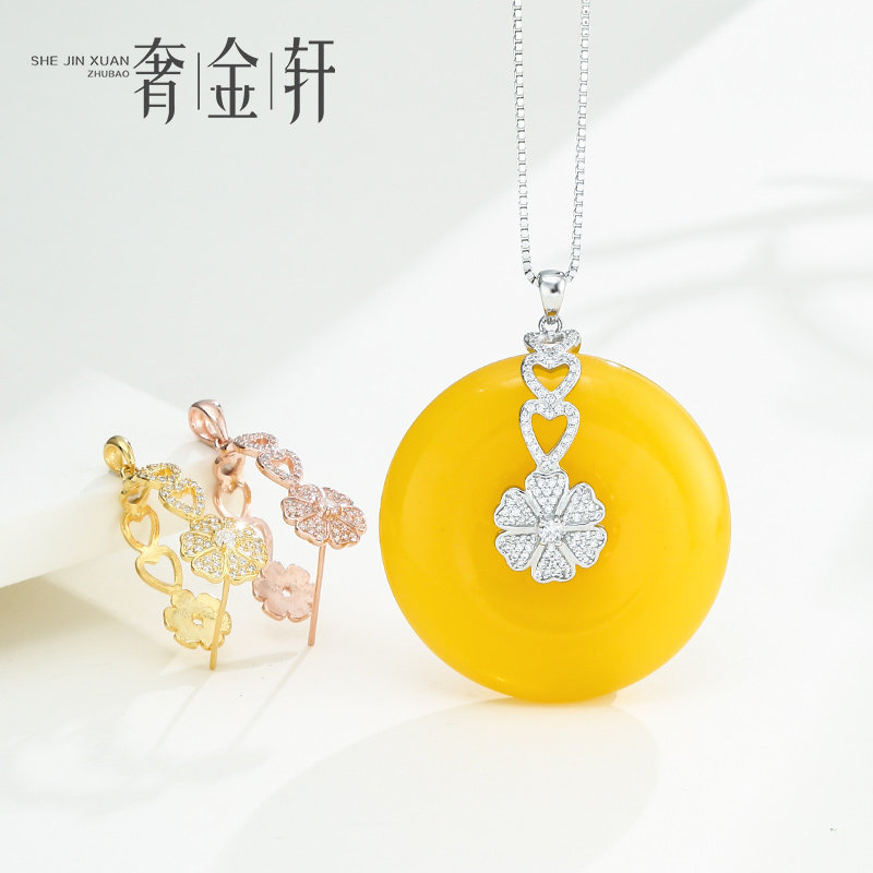 925纯银平安扣夹扣吊坠扣头镶嵌翡翠玉坠水晶diy吊坠扣银扣头配件