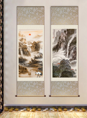 国画中式山水画黄山画办公室风水靠山客厅玄关装饰画丝绸画挂画