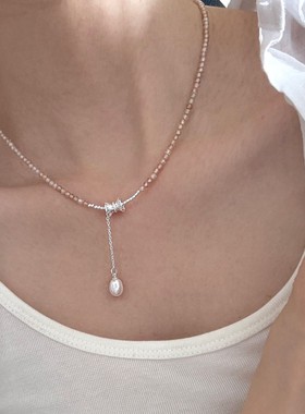 香槟天然石珍珠吊坠蝴蝶结项链