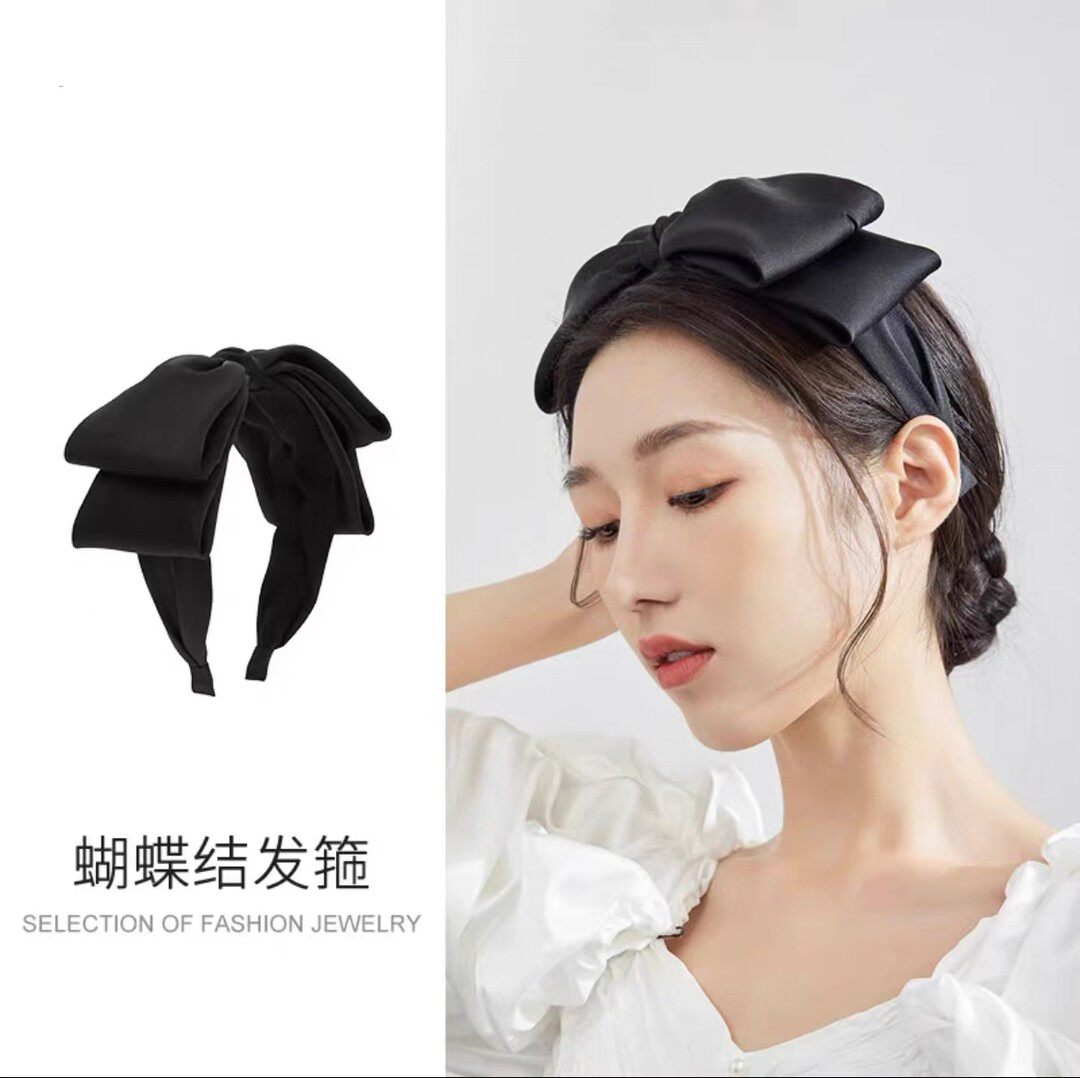 【下单立减50】蝴蝶结发箍新款黑色宽边高颅顶缎面压发发捆头箍QH