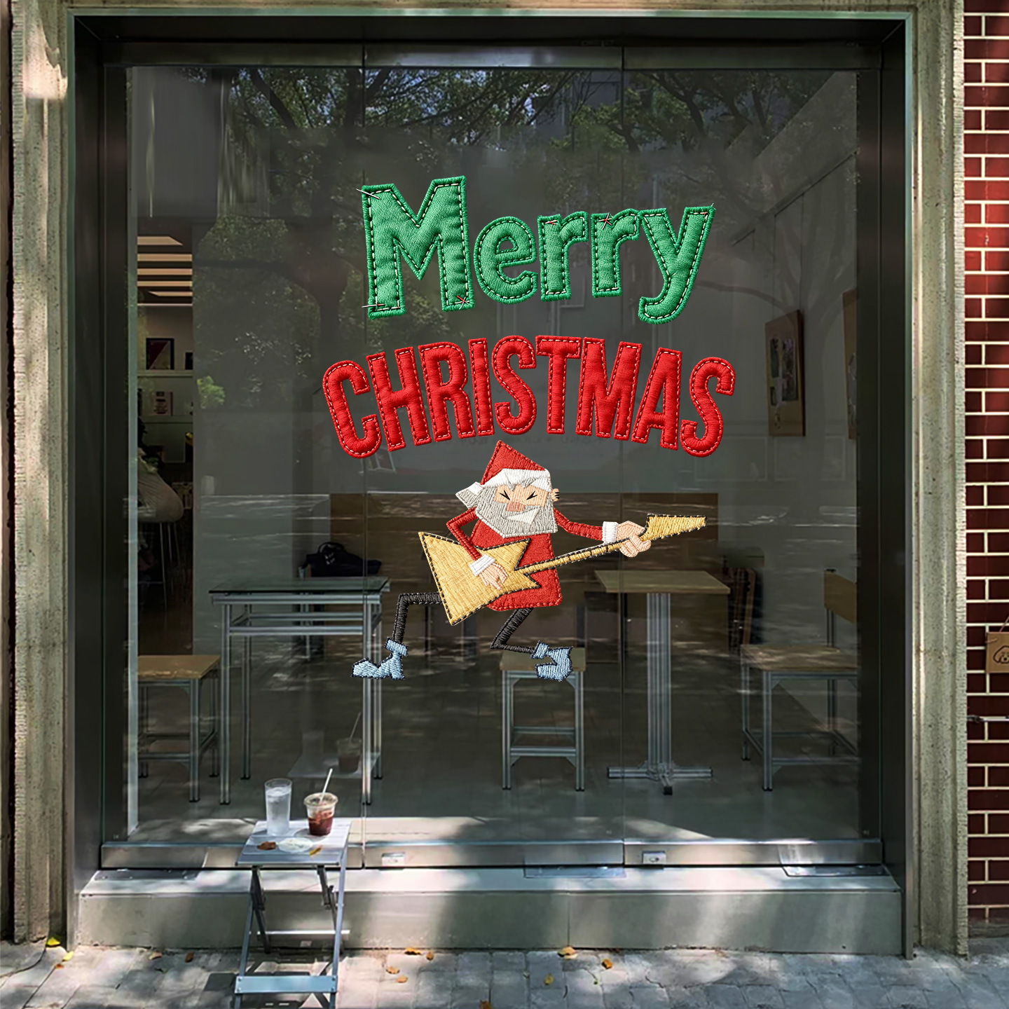 吉他圣诞老人窗花布艺玻璃贴纸店铺橱窗静电贴布置音乐培训机构贴