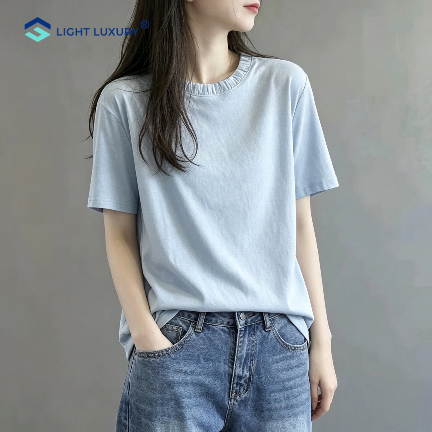 蓝色短袖T恤女简约显瘦正肩上衣