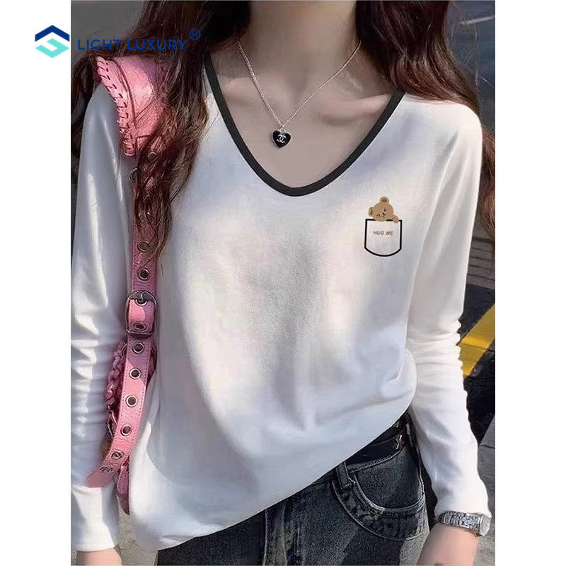 纯棉V领长袖t恤女士正肩拼色柔软透气打底衫高级白色别致印花上衣