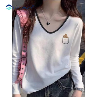 纯棉V领长袖t恤女士正肩拼色柔软透气打底衫高级白色别致印花上衣