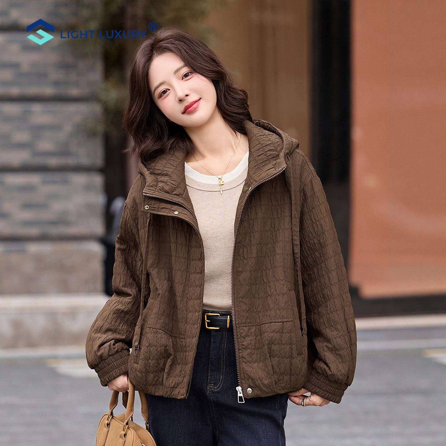 美拉德菱格连帽棉服女轻薄保暖高级感夹棉外套宽松显瘦遮肉小棉袄