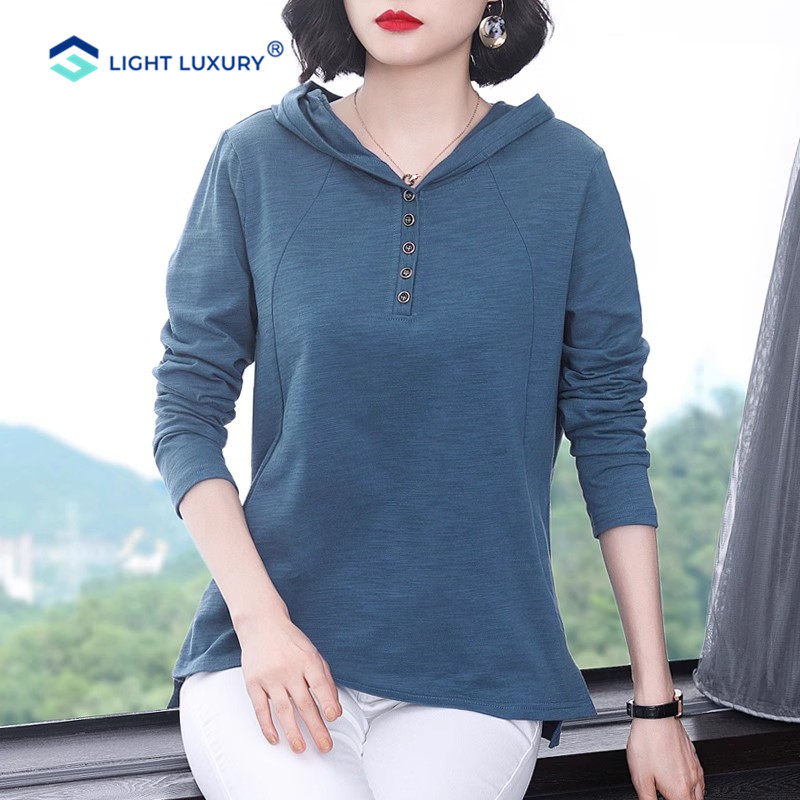 连帽长袖t恤女秋冬流行新款蓝色卫衣纯色大码高级感chic别致上衣