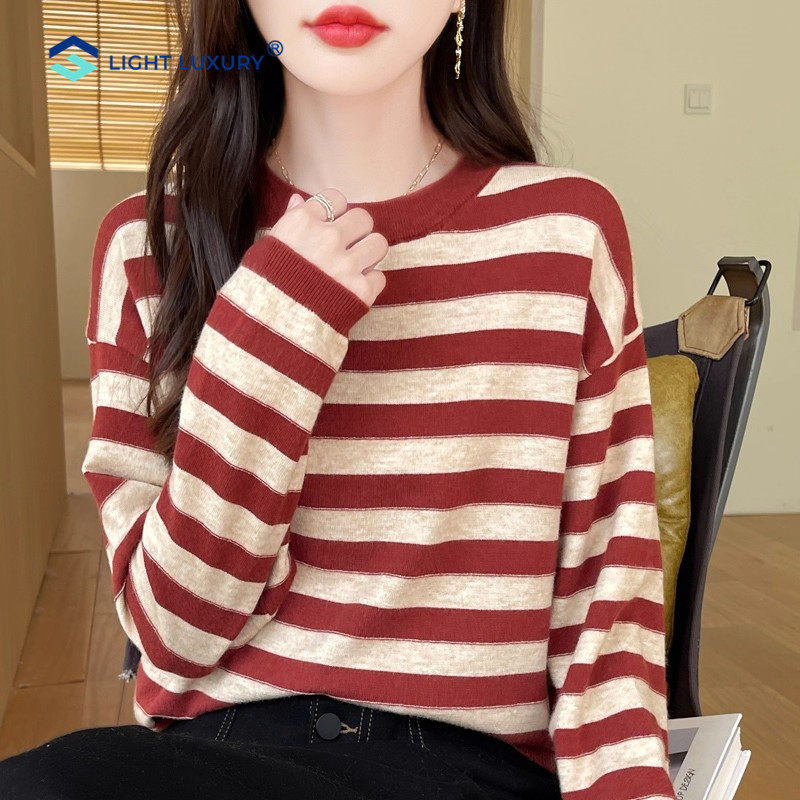 红色条纹长袖打底衫女减龄柔软