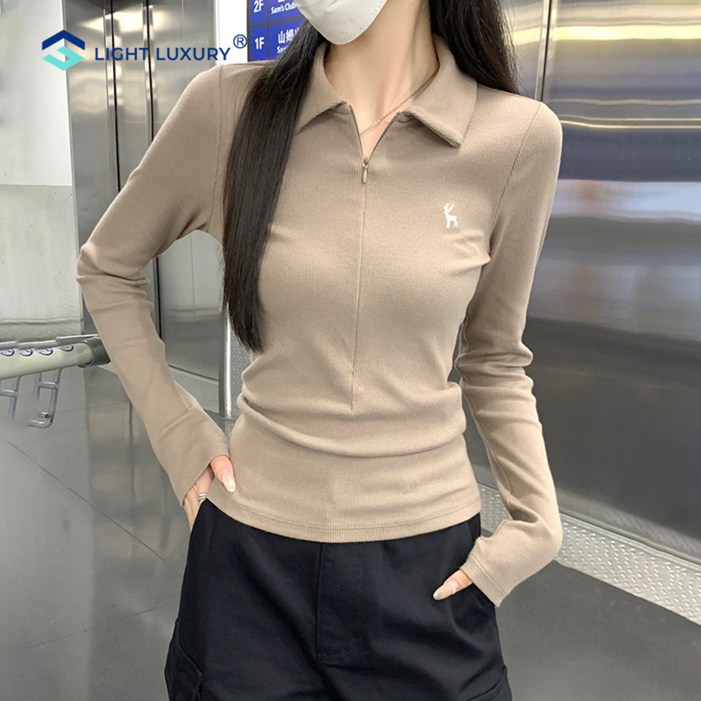 秋冬美拉德polo领长袖T恤女罗纹修身韩版上衣气质拉链刺绣打底衫