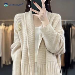 鄂尔多斯市产羊绒开衫女100纯羊绒衫翻领外套潮中长款毛衣羊绒杉