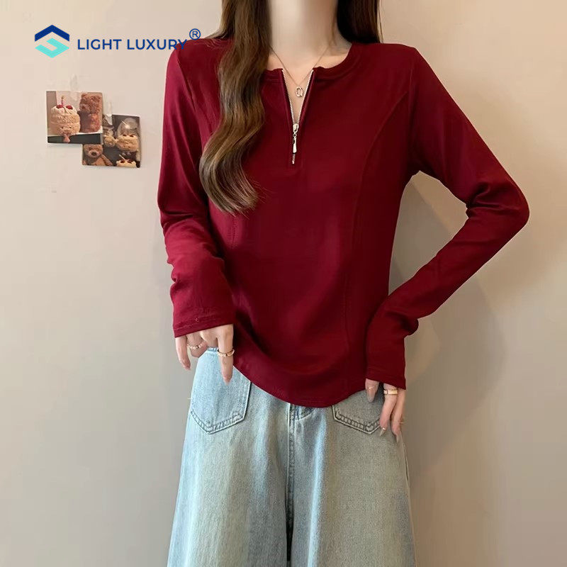 长袖T恤女半拉链正肩大码鱼骨修身设计上衣新年红色打底衫内搭,女装/女士精品,T恤,淘宝优惠券,粉丝福利购,淘宝优惠卷