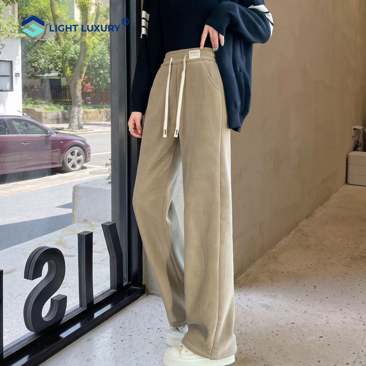 灯芯绒阔腿裤女高腰垂坠直筒裤