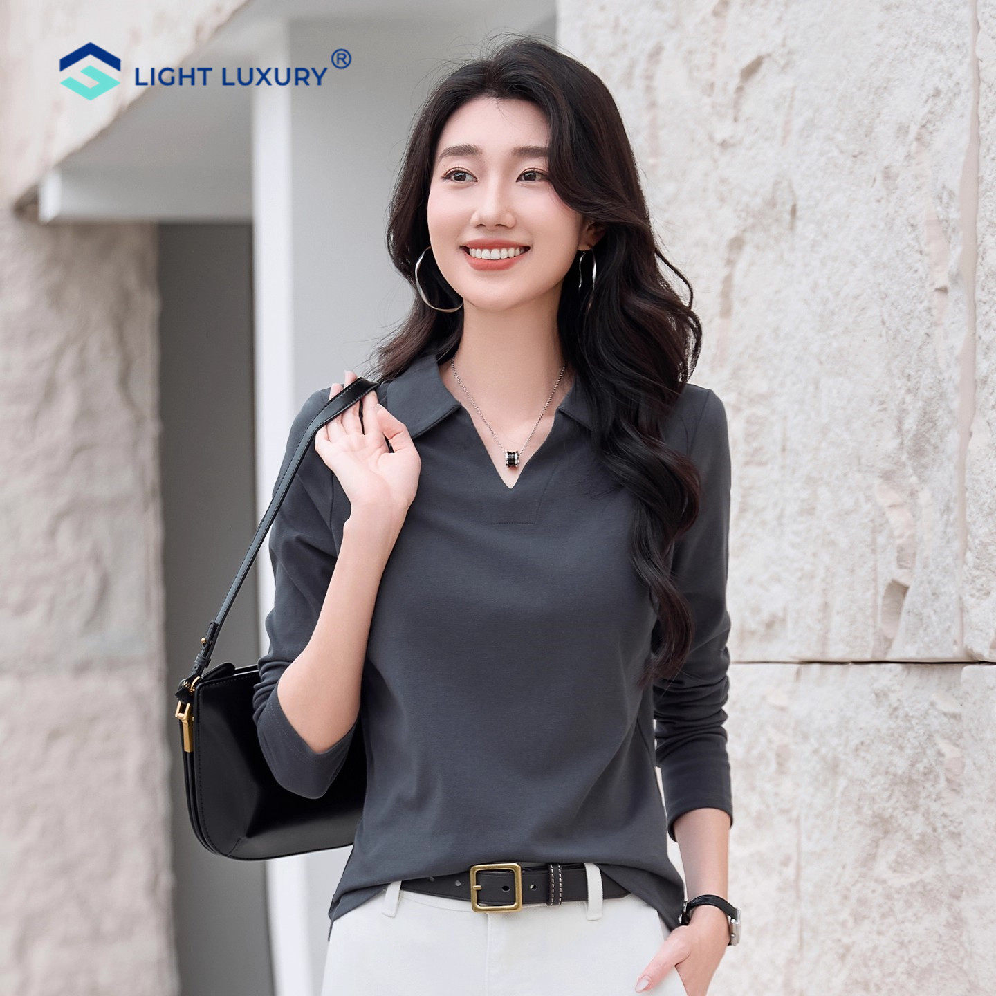 POLO领正肩长袖T恤女修身遮肉松弛上衣气质欧货质感灰色打底衫