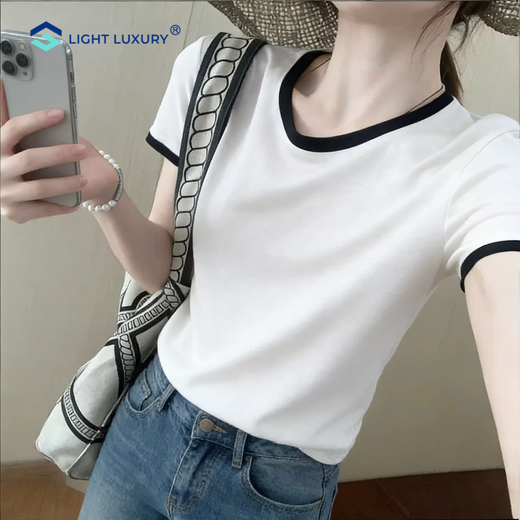 白色短袖T恤女夏季新款撞色圆领上衣宽松休闲正肩显瘦内搭打底衫