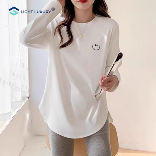 T恤韩版 长袖 百搭小清新上衣 女宽松舒适运动中长款 白色加绒打底衫