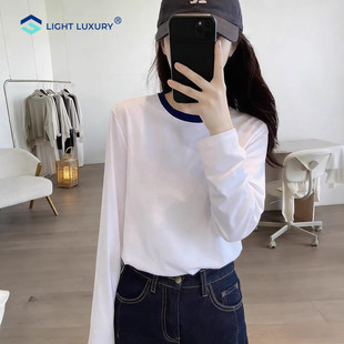 撞色长袖T恤女春秋新款白色简约圆领内搭打底衫修身显瘦正肩上衣