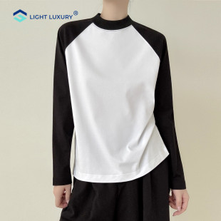 插肩袖 外穿黑白拼色易打理上衣 半高领T恤女秋冬宽松休闲打底衫