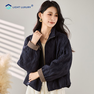 短款菱格夹棉外套女秋冬保暖宽松高级感藏青色棉袄小个子休闲棉服