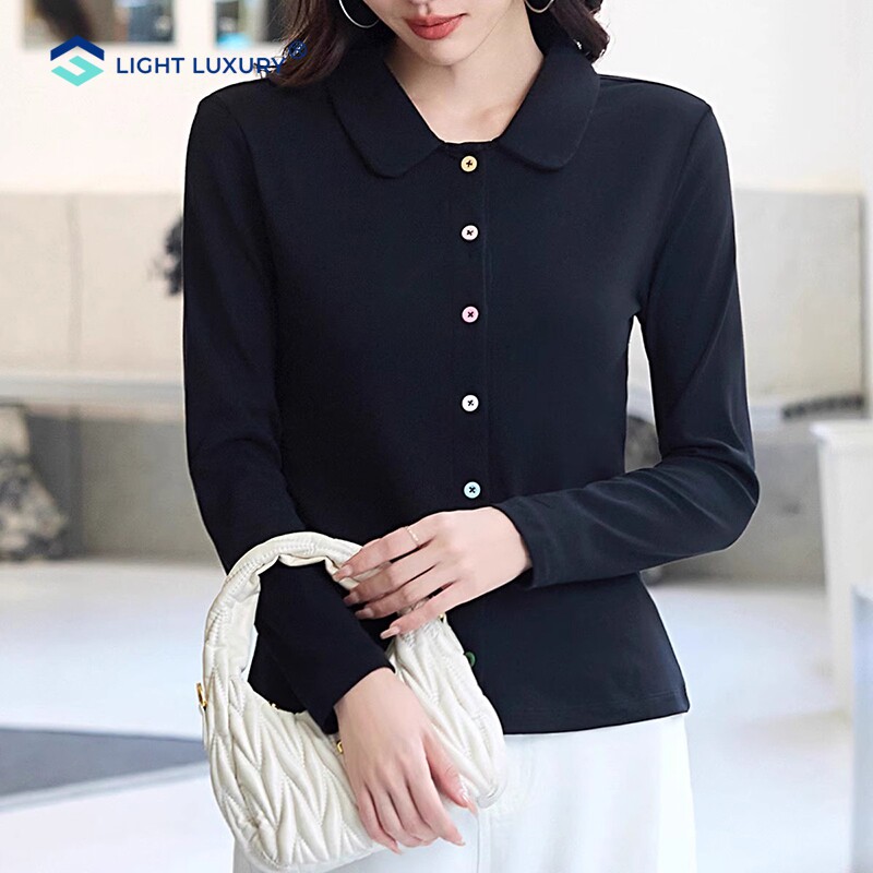翻领长袖t恤女秋季新款气质修身彩扣开衫黑色polo领内搭打底衫