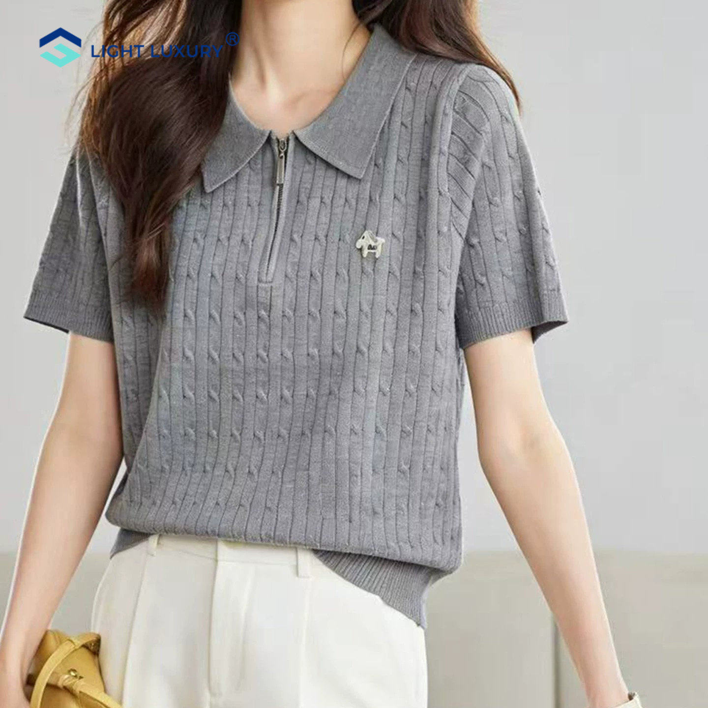 翻领短袖T恤女夏季新款绞花拉链