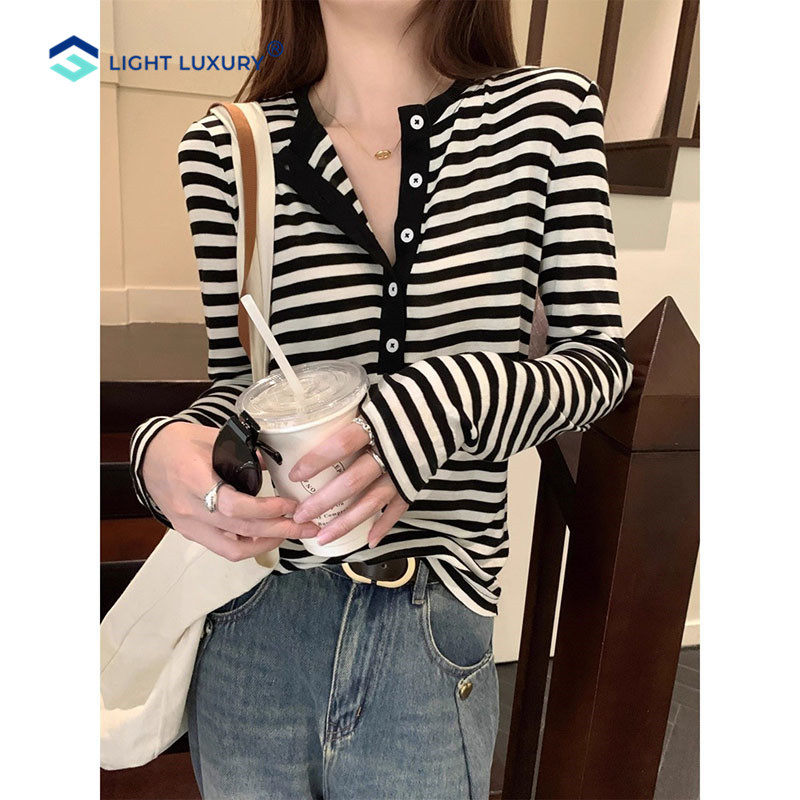条纹长袖T恤女正肩减龄韩版修身